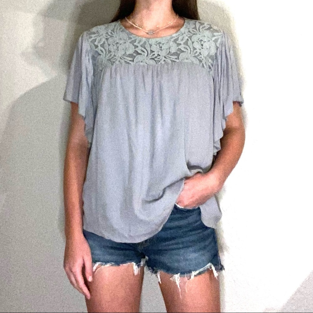 Women’s Pastel Blue Short Sleeve Lacy Blouse